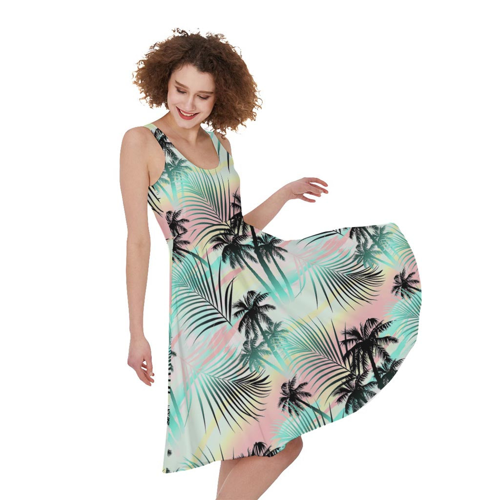 Pastel Palm Tree Pattern Print Women's Sleeveless Dress