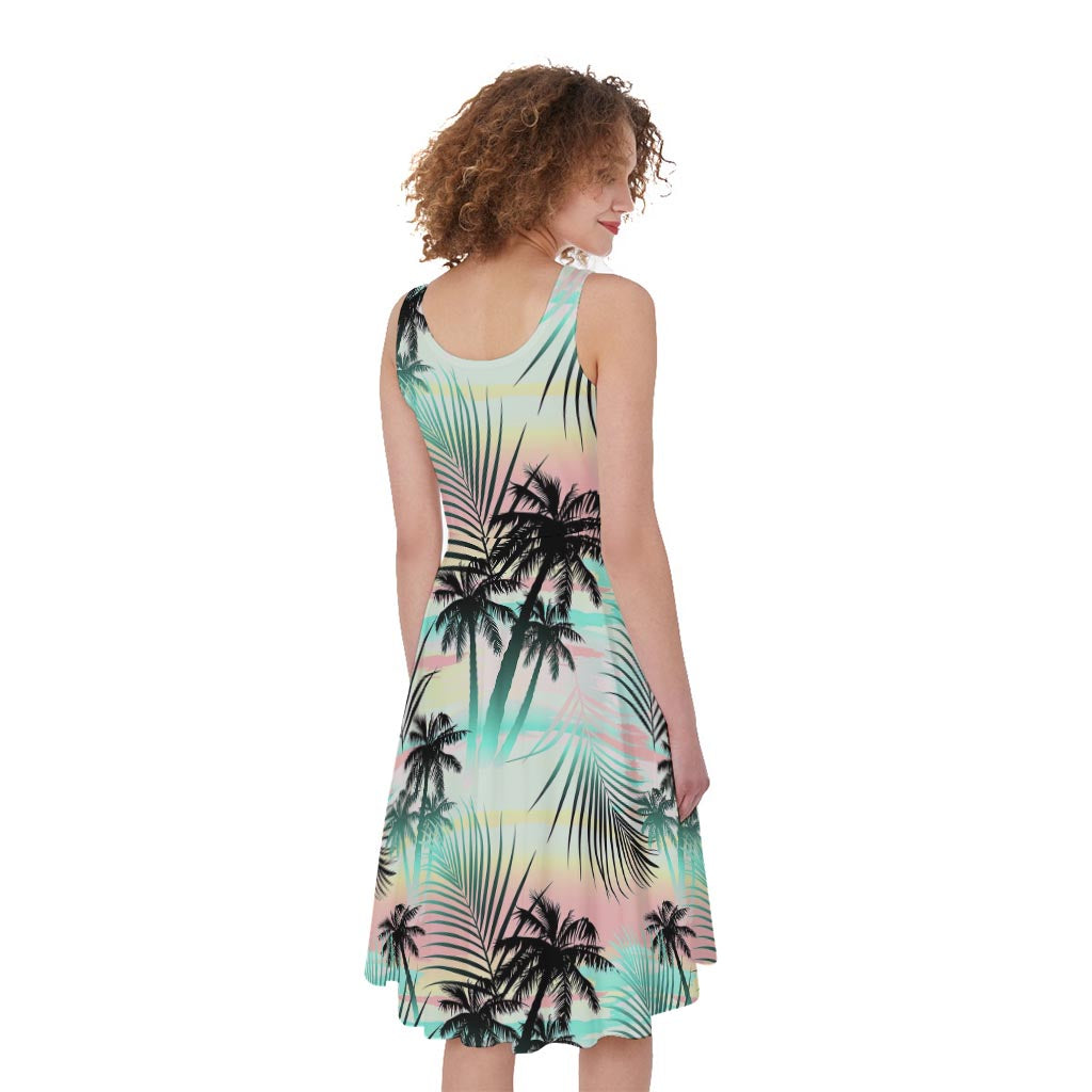 Pastel Palm Tree Pattern Print Women's Sleeveless Dress