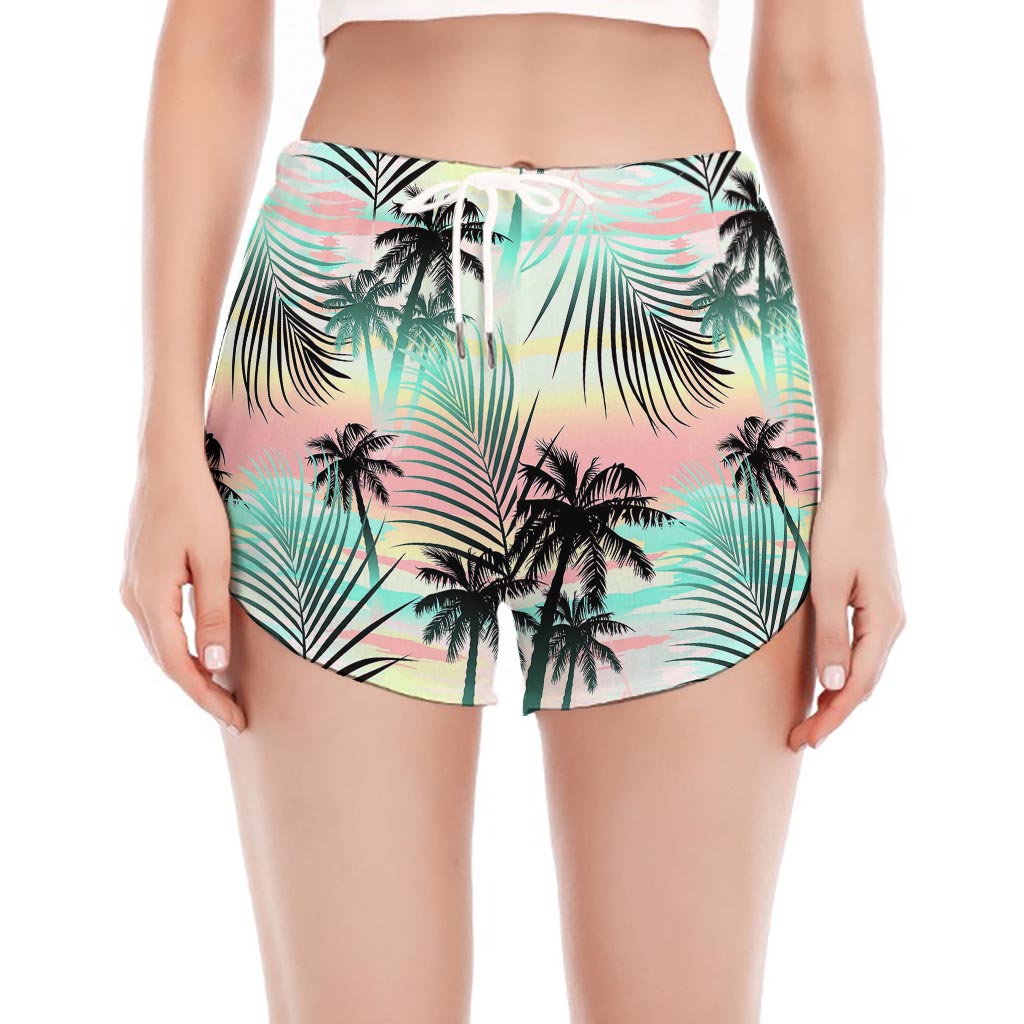 Pastel Palm Tree Pattern Print Women's Split Running Shorts