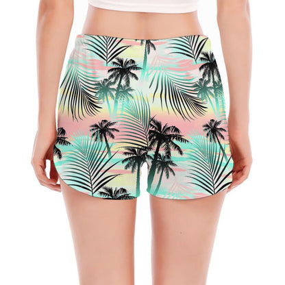 Pastel Palm Tree Pattern Print Women's Split Running Shorts