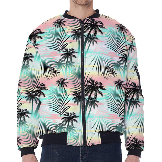 Pastel Palm Tree Pattern Print Zip Sleeve Bomber Jacket