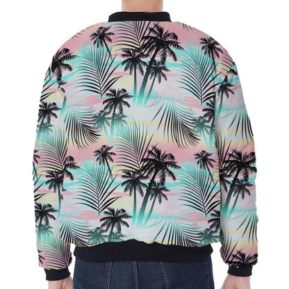 Pastel Palm Tree Pattern Print Zip Sleeve Bomber Jacket