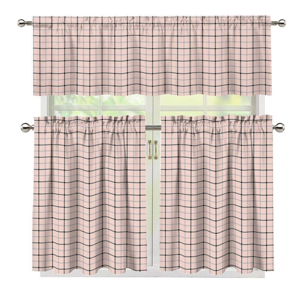 Pastel Pink And Black Tattersall Print 3 Piece Kitchen Curtains