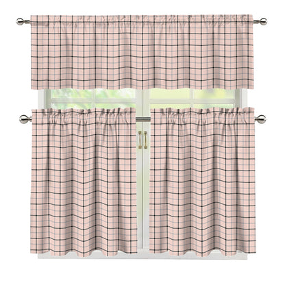 Pastel Pink And Black Tattersall Print 3 Piece Kitchen Curtains