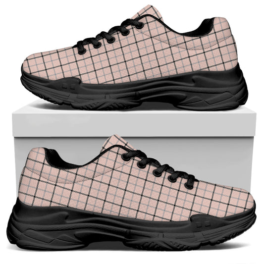 Pastel Pink And Black Tattersall Print Black Chunky Shoes