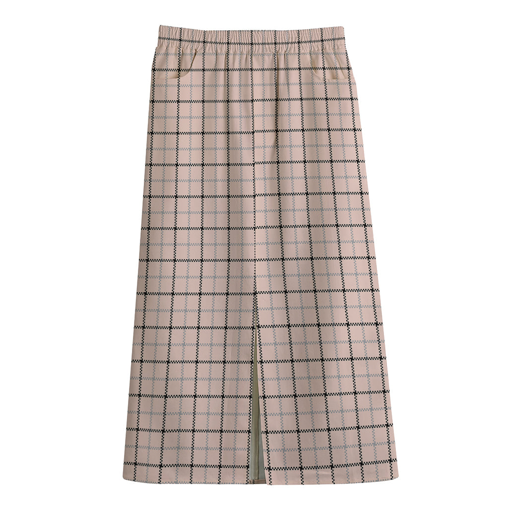 Pastel Pink And Black Tattersall Print Cotton Front Slit Maxi Skirt
