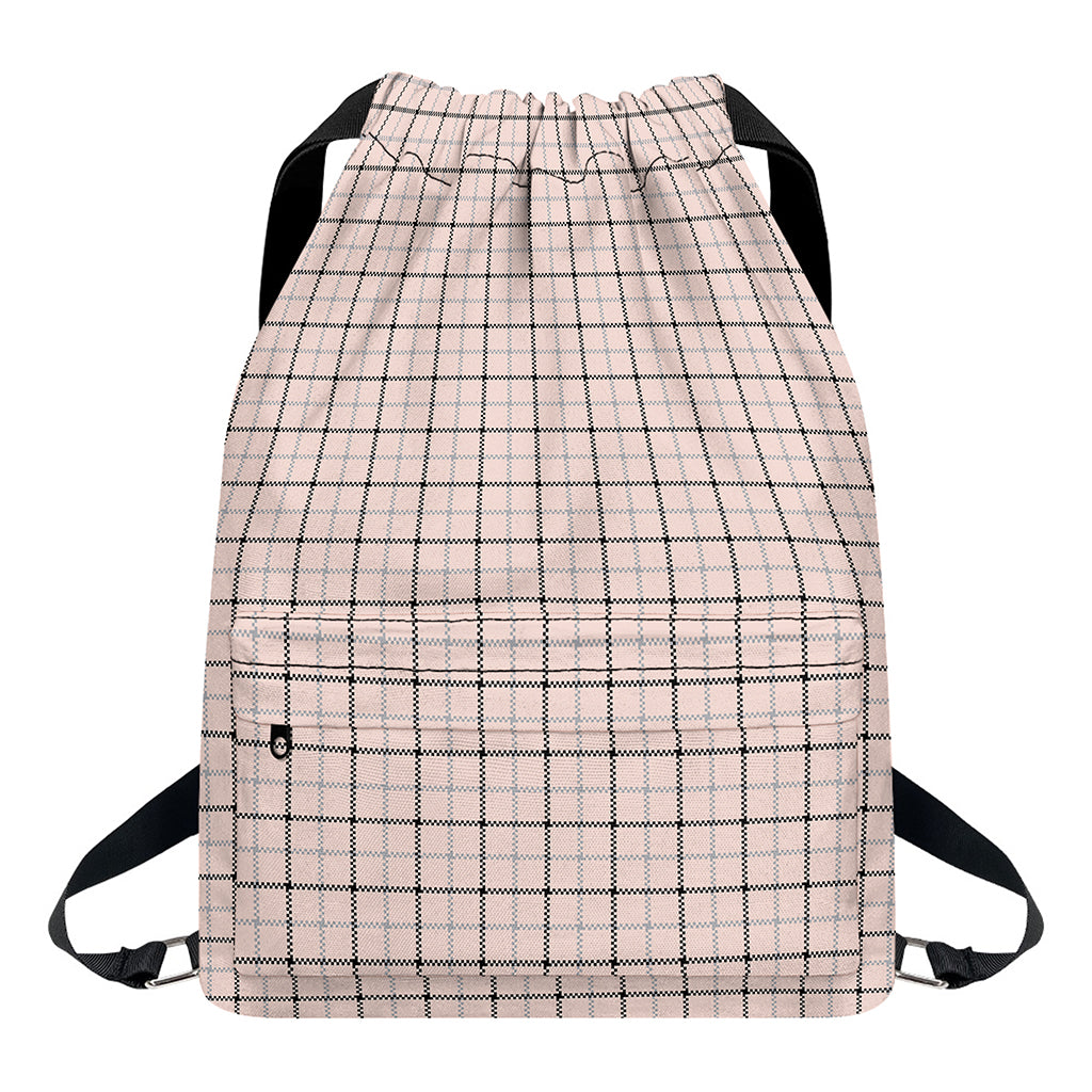 Pastel Pink And Black Tattersall Print Drawstring Backpack