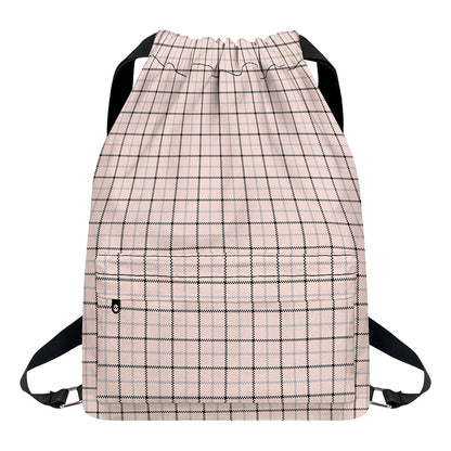 Pastel Pink And Black Tattersall Print Drawstring Backpack