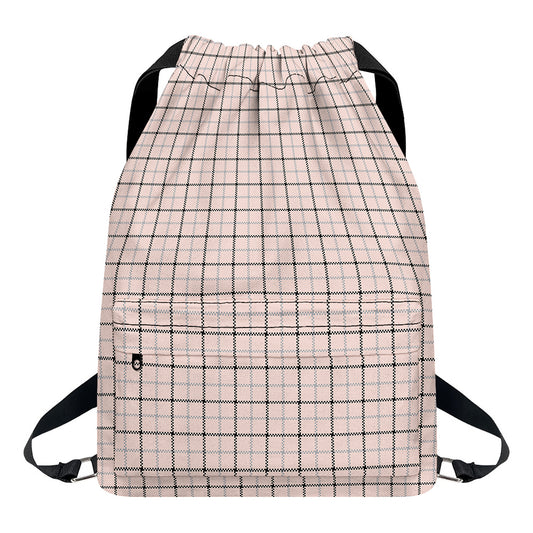Pastel Pink And Black Tattersall Print Drawstring Backpack