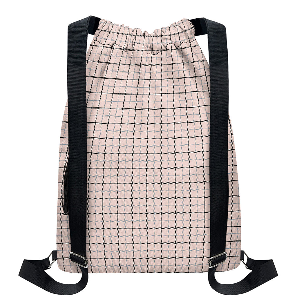 Pastel Pink And Black Tattersall Print Drawstring Backpack