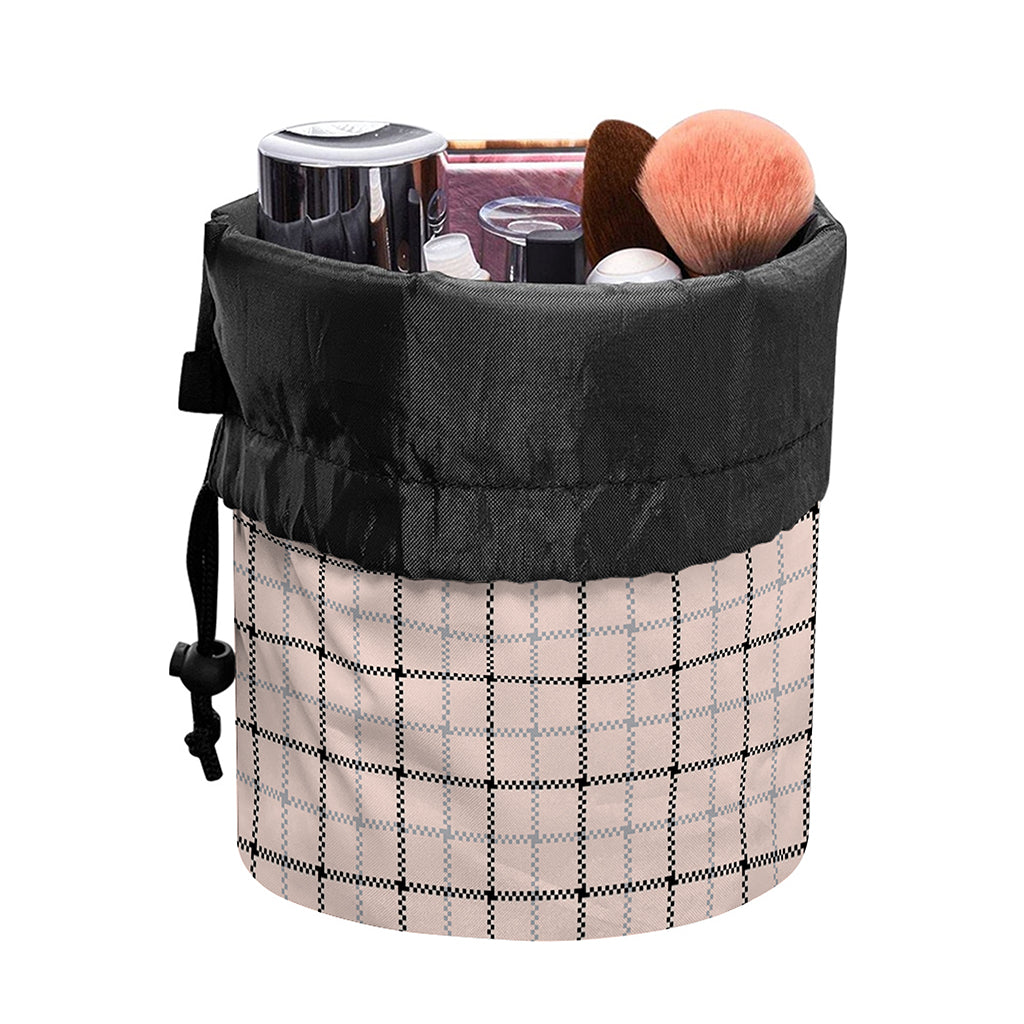 Pastel Pink And Black Tattersall Print Drawstring Makeup Bag