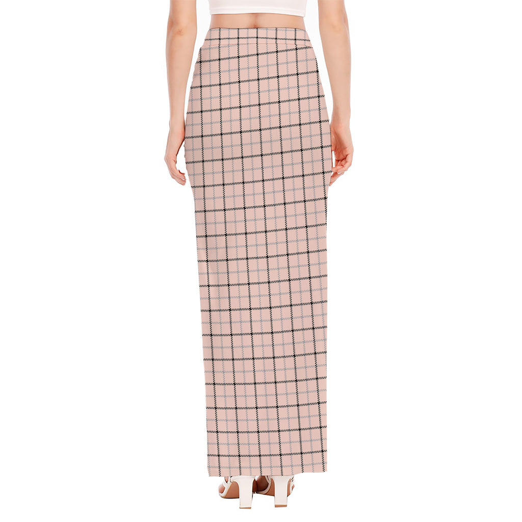 Pastel Pink And Black Tattersall Print High Slit Maxi Skirt