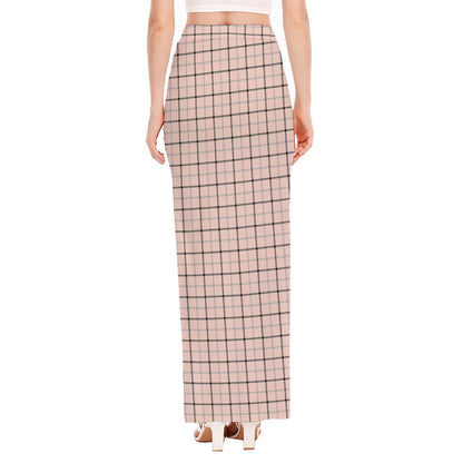 Pastel Pink And Black Tattersall Print High Slit Maxi Skirt
