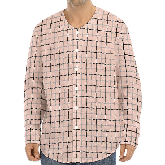 Pastel Pink And Black Tattersall Print Long Sleeve Baseball Jersey