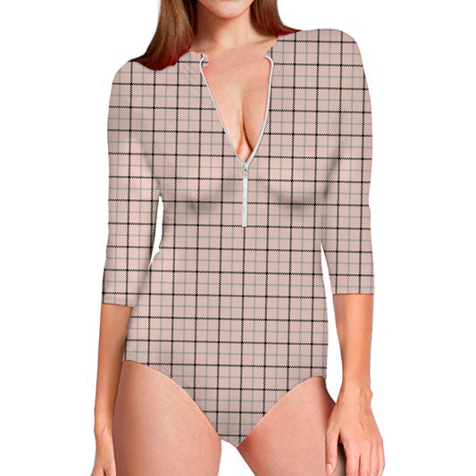 Pastel Pink And Black Tattersall Print Long Sleeve Swimsuit
