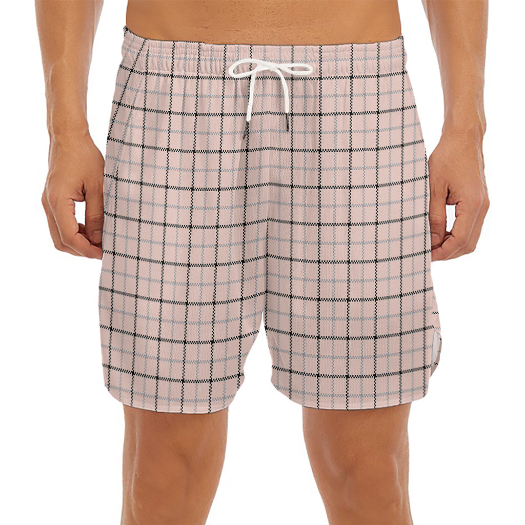 Pastel Pink And Black Tattersall Print Men's Split Running Shorts