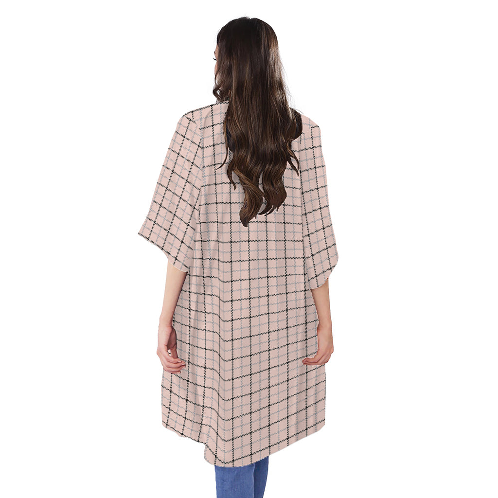 Pastel Pink And Black Tattersall Print Open Front Beach Cover Up