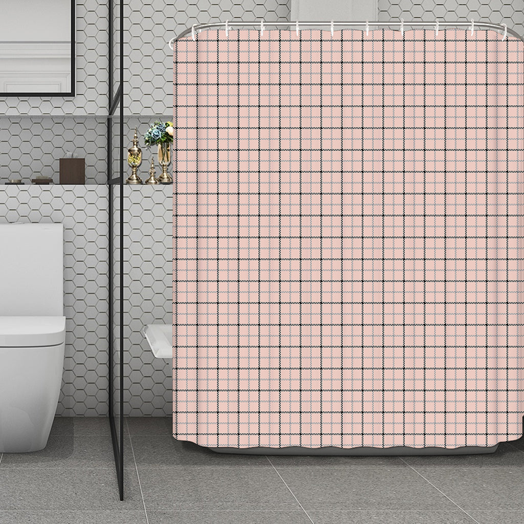 Pastel Pink And Black Tattersall Print Polyester Shower Curtain