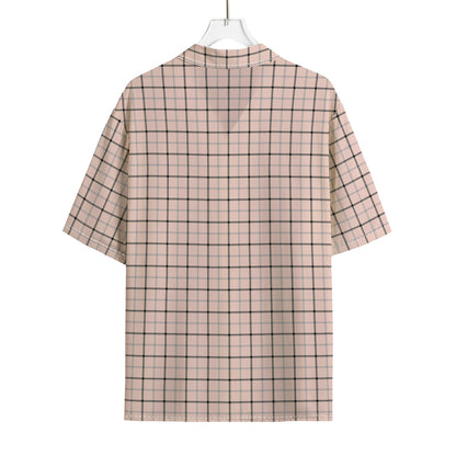 Pastel Pink And Black Tattersall Print Rayon Hawaiian Shirt