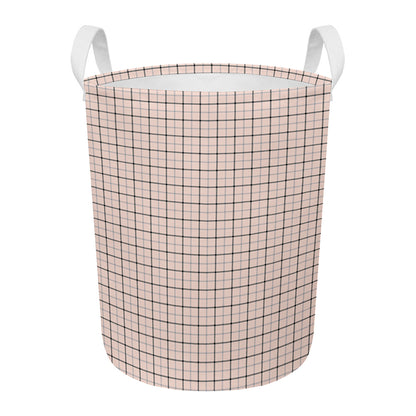 Pastel Pink And Black Tattersall Print Round Laundry Basket
