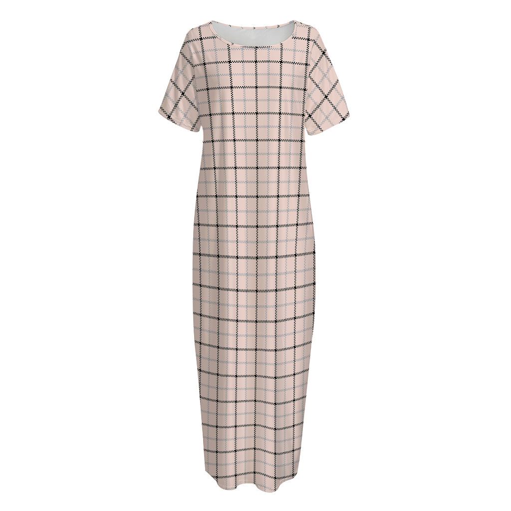 Pastel Pink And Black Tattersall Print Short Sleeve Long Nightdress