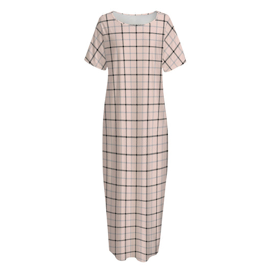 Pastel Pink And Black Tattersall Print Short Sleeve Long Nightdress