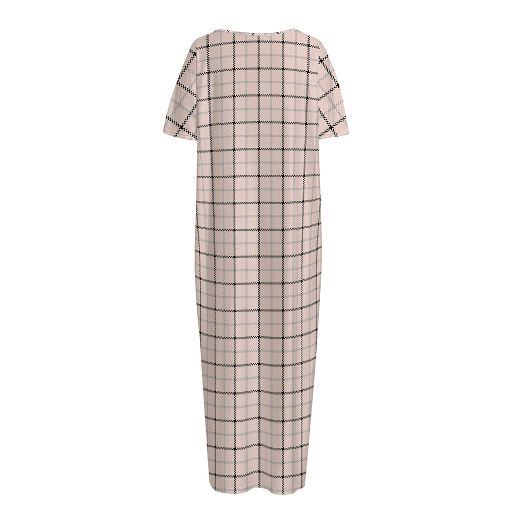 Pastel Pink And Black Tattersall Print Short Sleeve Long Nightdress