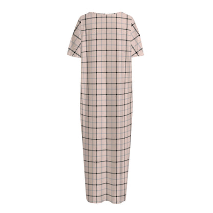 Pastel Pink And Black Tattersall Print Short Sleeve Long Nightdress