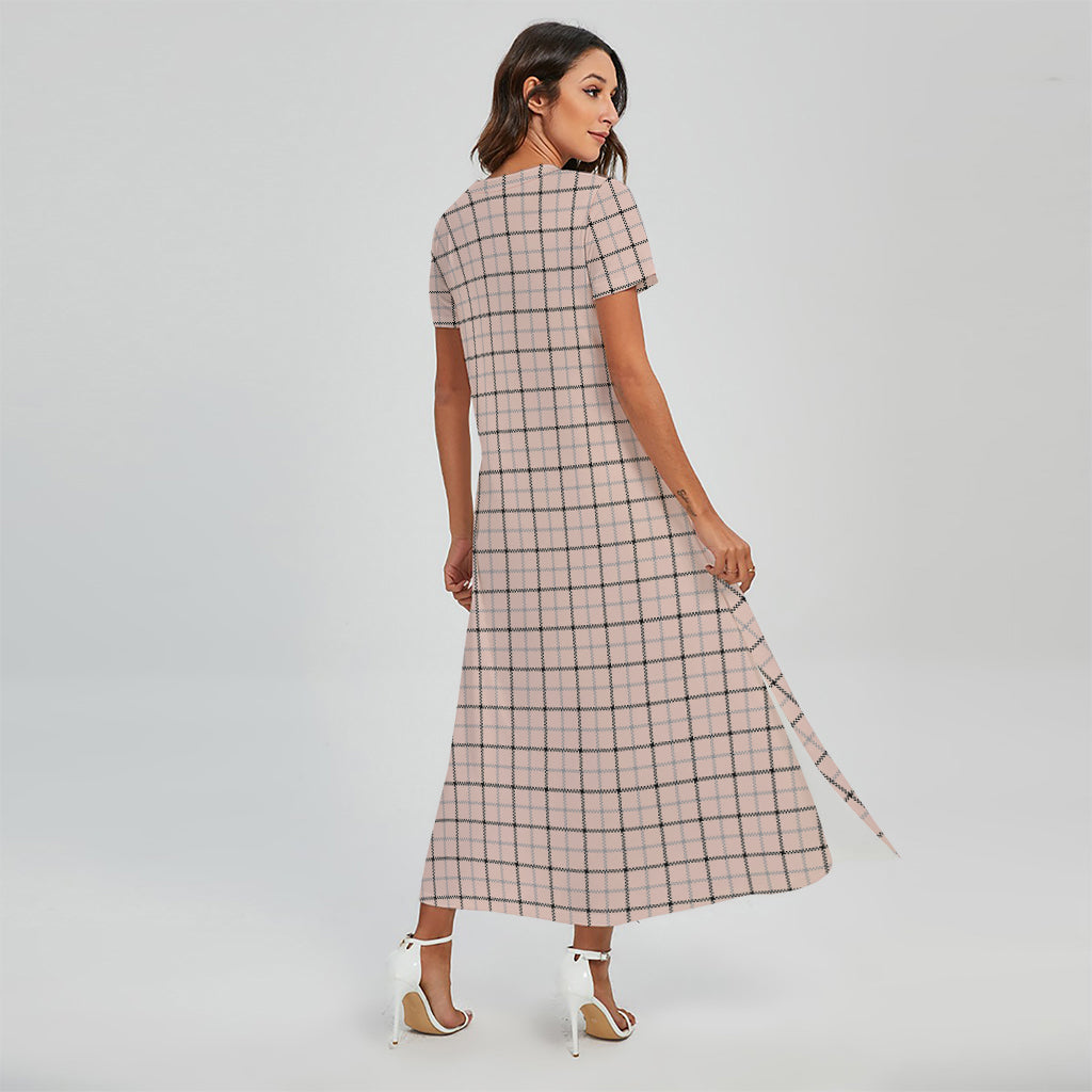 Pastel Pink And Black Tattersall Print Short Sleeve Maxi Dress