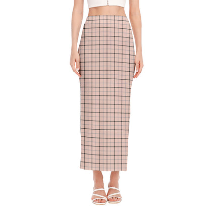 Pastel Pink And Black Tattersall Print Side Slit Maxi Skirt