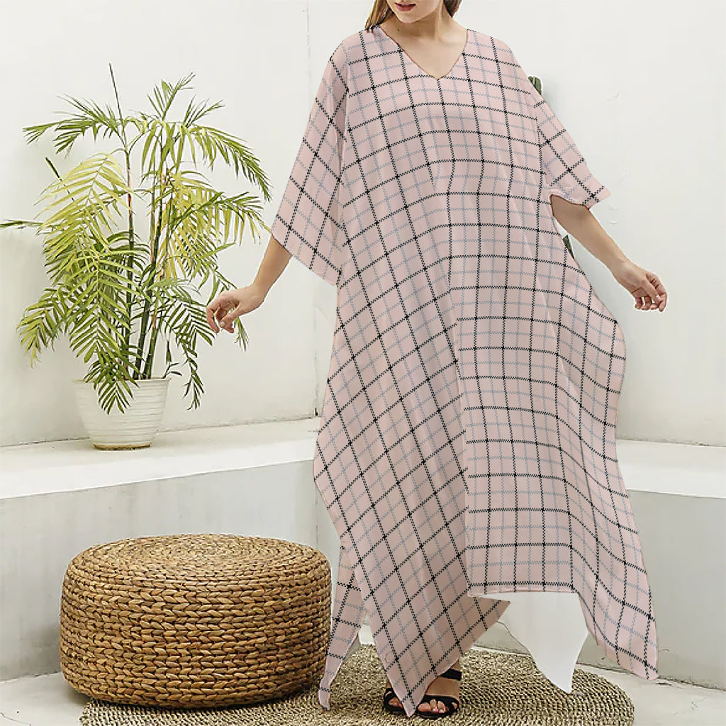 Pastel Pink And Black Tattersall Print Silk V-Neck Kaftan Dress