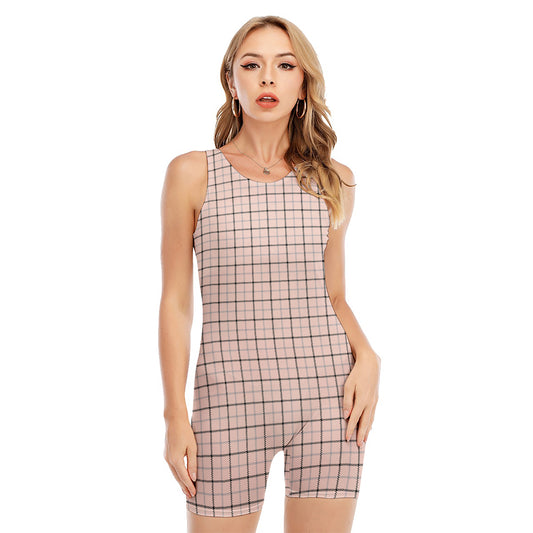 Pastel Pink And Black Tattersall Print Sleeveless One Piece Swimsuit