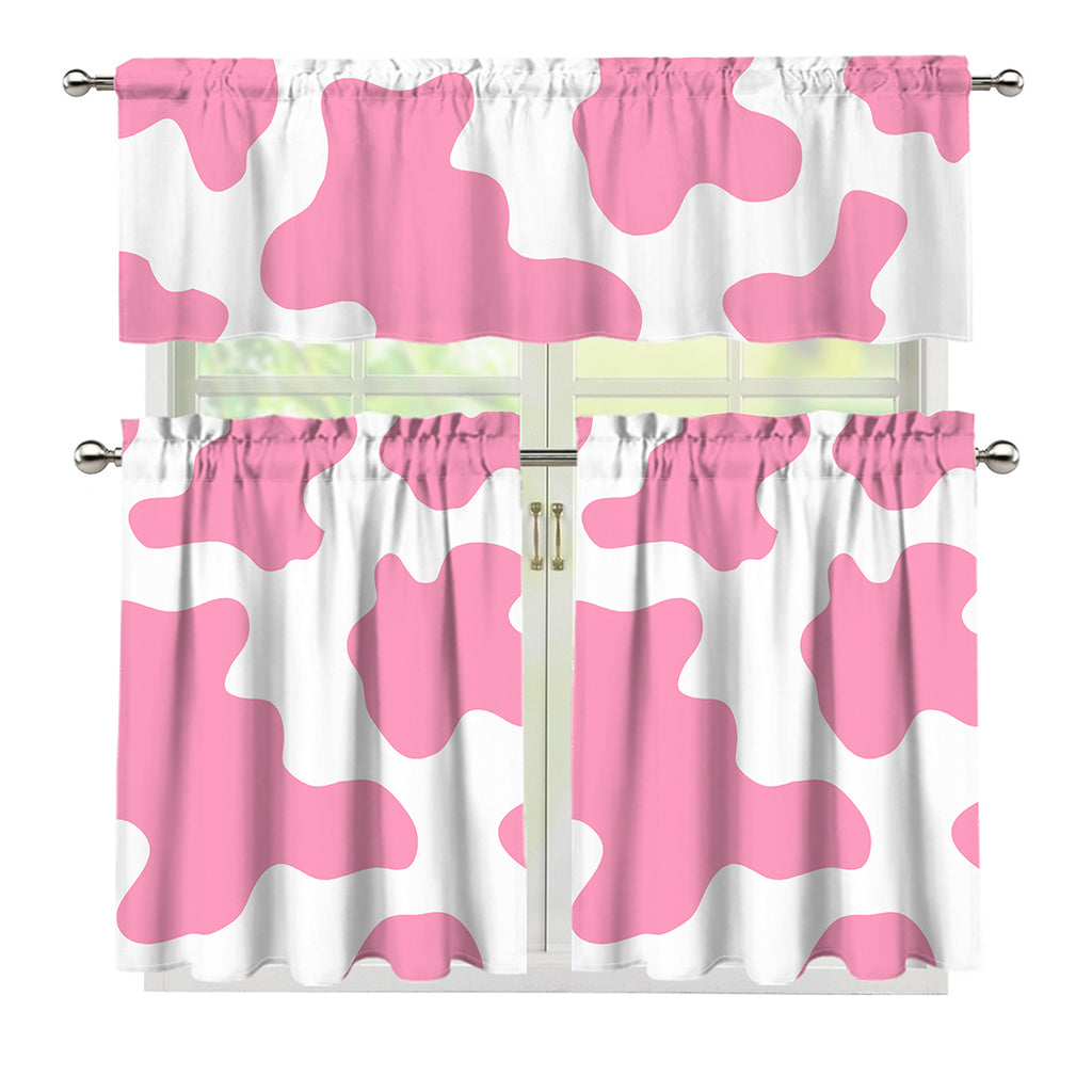 Pastel Pink And White Cow Print 3 Piece Kitchen Curtains