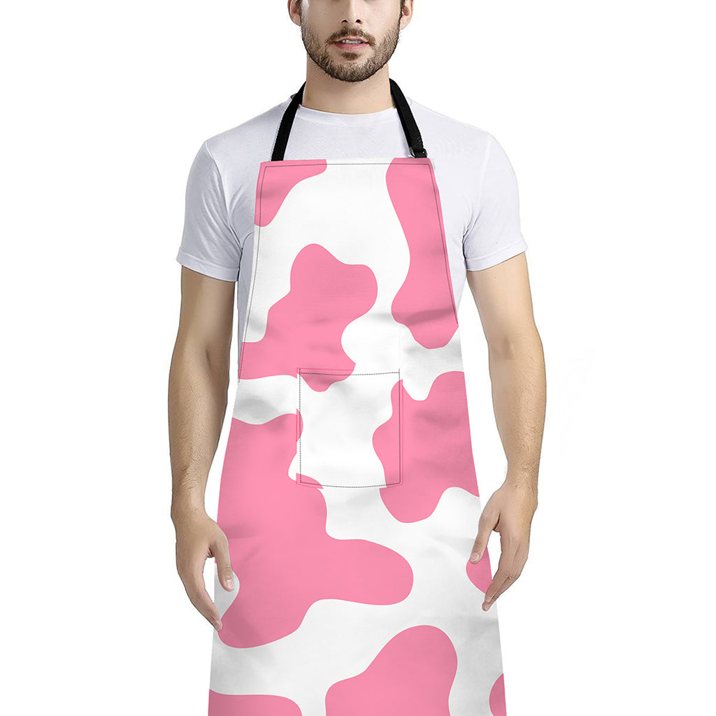 Pastel Pink And White Cow Print Bib Apron With Pocket