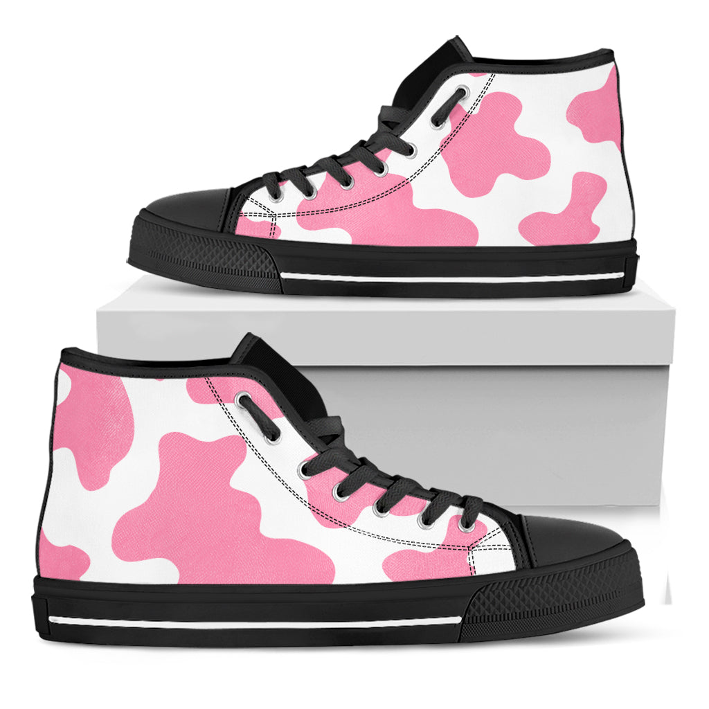 Pastel Pink And White Cow Print Black High Top Sneakers
