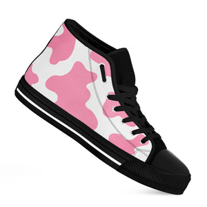 Pastel Pink And White Cow Print Black High Top Sneakers