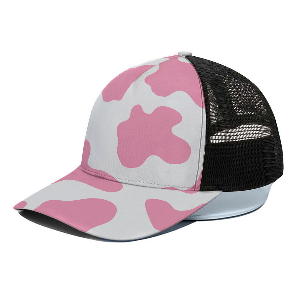 Pastel Pink And White Cow Print Black Mesh Trucker Cap