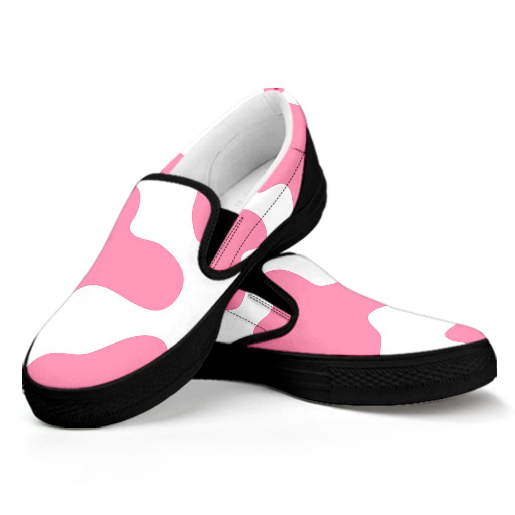 Pastel Pink And White Cow Print Black Slip On Sneakers