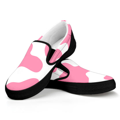 Pastel Pink And White Cow Print Black Slip On Sneakers