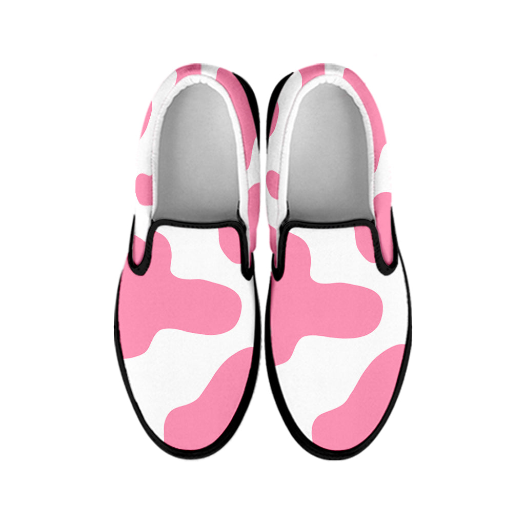 Pastel Pink And White Cow Print Black Slip On Sneakers