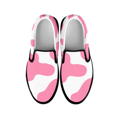 Pastel Pink And White Cow Print Black Slip On Sneakers