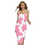 Pastel Pink And White Cow Print Cross Back Cami Dress