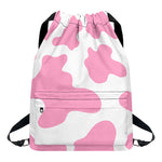 Pastel Pink And White Cow Print Drawstring Backpack