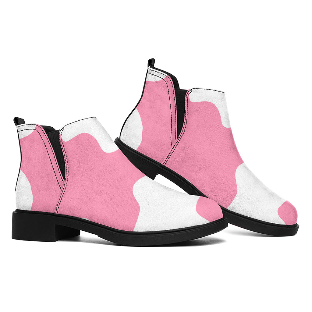 Pastel Pink And White Cow Print Flat Ankle Boots