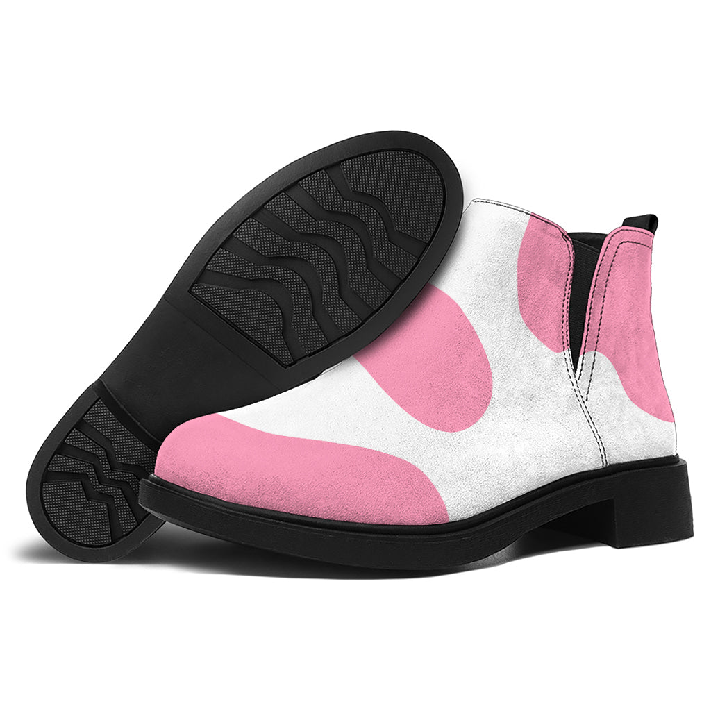 Pastel Pink And White Cow Print Flat Ankle Boots