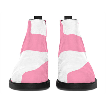 Pastel Pink And White Cow Print Flat Ankle Boots