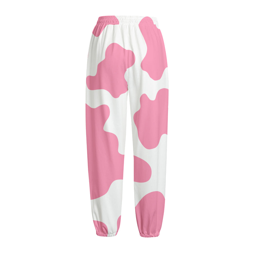 Pastel Pink And White Cow Print Fleece Lined Knit Pants