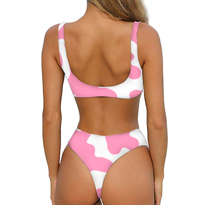 Pastel Pink And White Cow Print Front Bow Tie Bikini