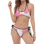 Pastel Pink And White Cow Print Halter Scoop Tie Side Bikini