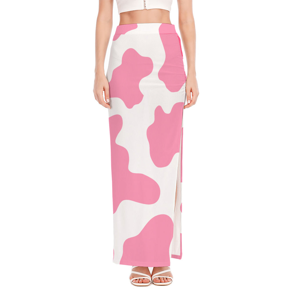 Pastel Pink And White Cow Print High Slit Maxi Skirt